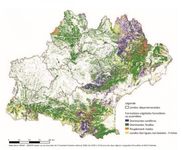 Carte forestière de la région Occitanie