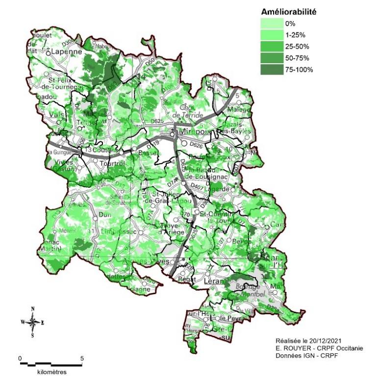 Cartographie de l'améliorabilité des peuplements du PDM Coteaux secs de Mirepoix