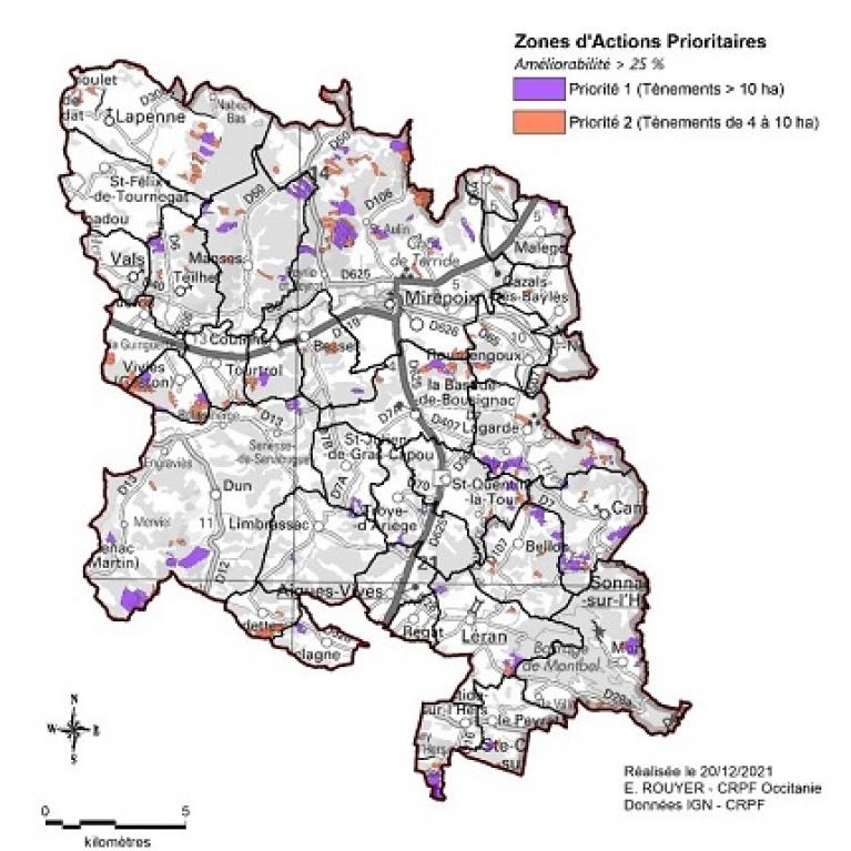 Cartographie des zones d'actions prioritaires PDM Coteaux secs de Mirepoix